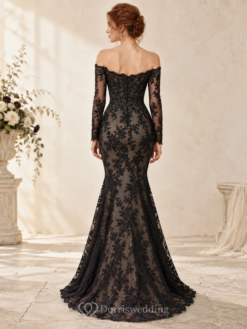 Vestido de dama de honor ajustado, negro, estilo sirena gótico, con hombros descubiertos, encaje y borde festoneado. view 2