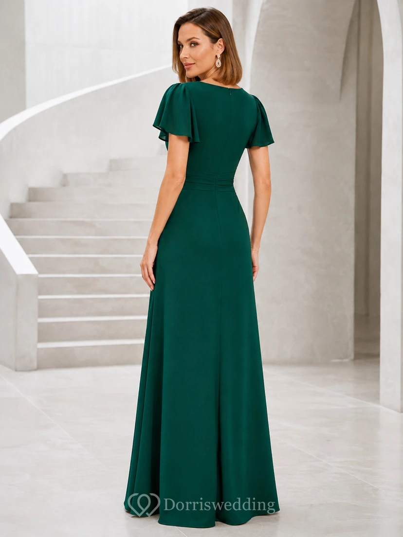 Vestido de noche formal largo hasta el suelo, de gasa plisada, con escote en V, mangas tipo pétalo y color verde oscuro. view 2