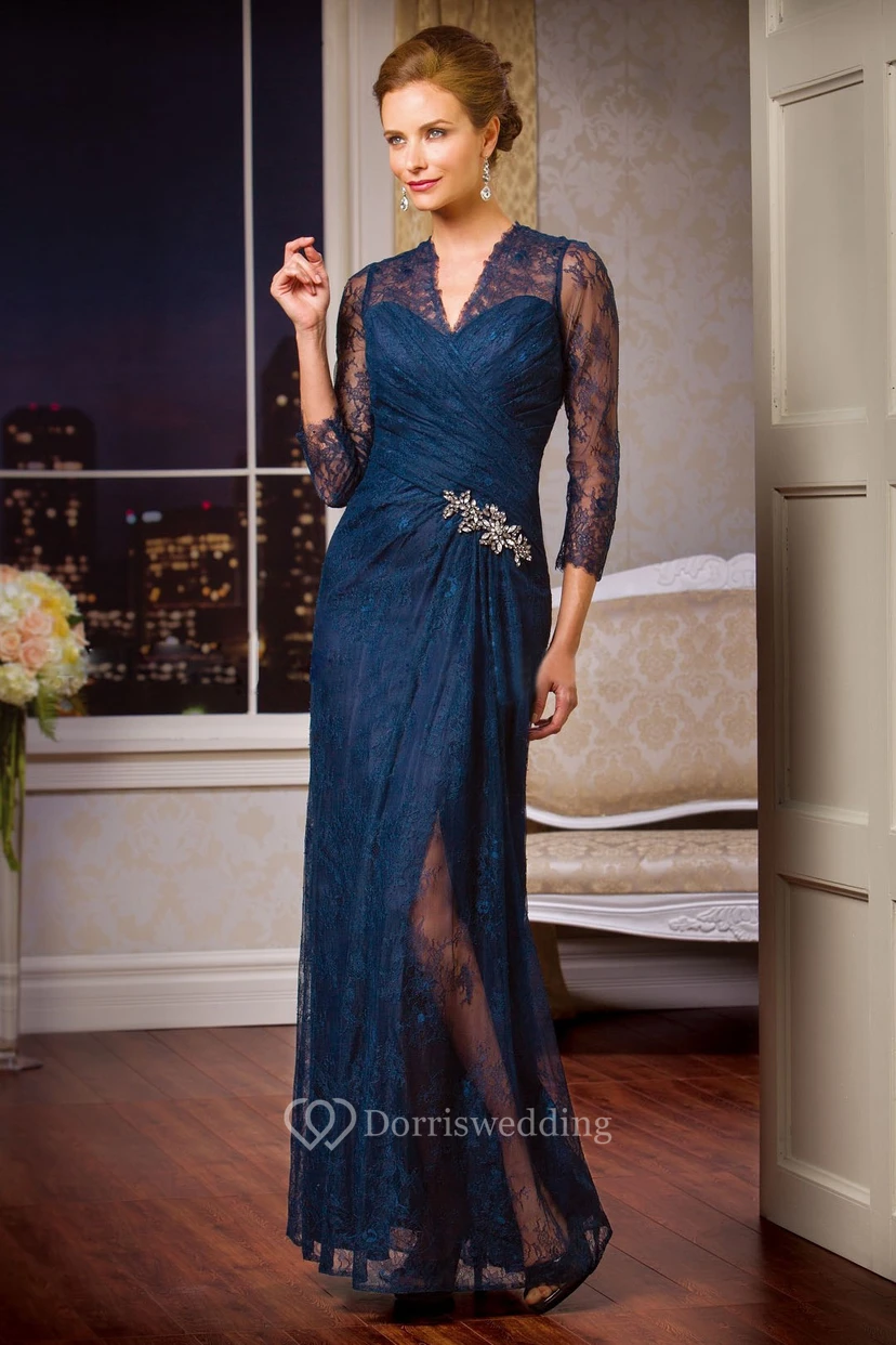 3-4 Sleeved V-Neck Lace Mother Of The Bride Dress With Crystals And Illusion Style