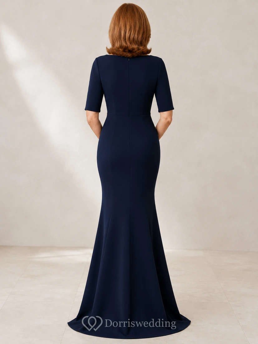 Dark Navy Mature Bateau Half Sleeve Mermaid Evening Gown view 2