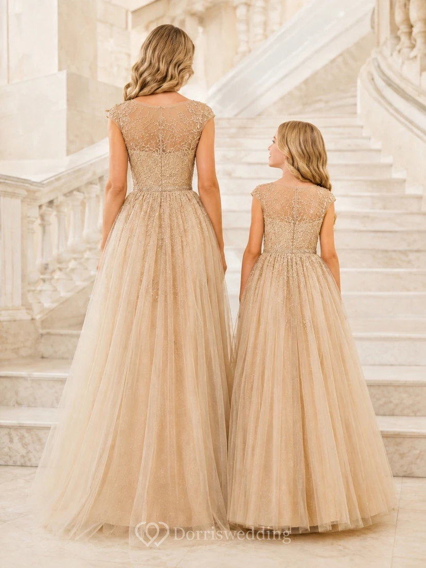 Champagne Mother-Daughter Tulle Cap-Sleeve A-Line Ball Gown Dress view 2
