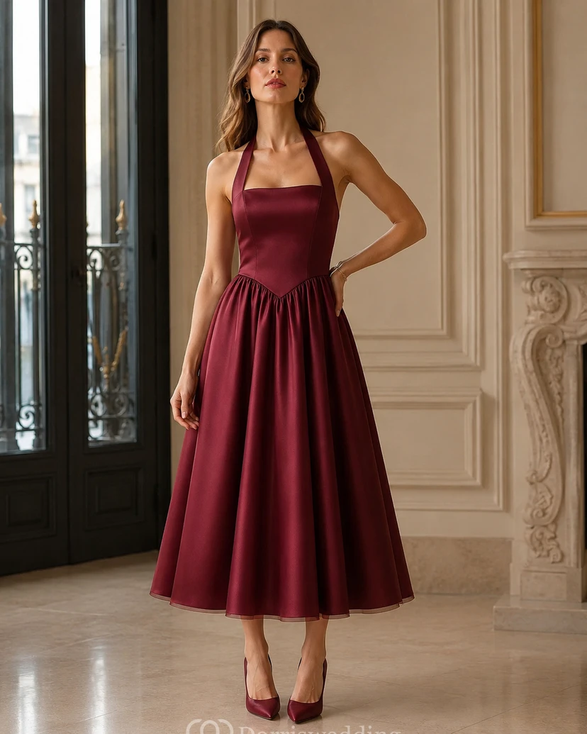 Burgundy Halter A-line Tea-length Dress