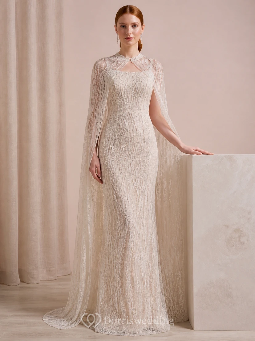 Vestido de novia de corte recto, modesto, con cuello alto, capa y encaje texturizado, largo hasta el suelo.