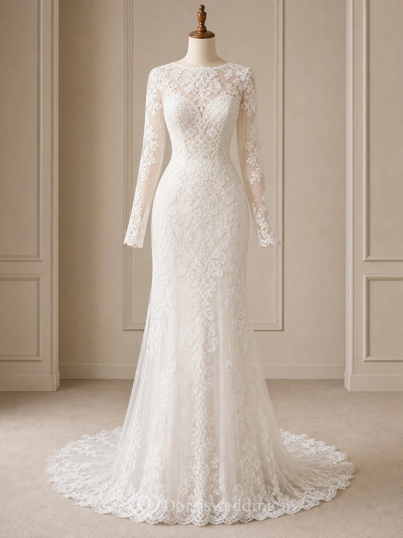 Sheath Long-Sleeve High Neck Tulle&Lace Wedding Dress With Sweep Train view 7