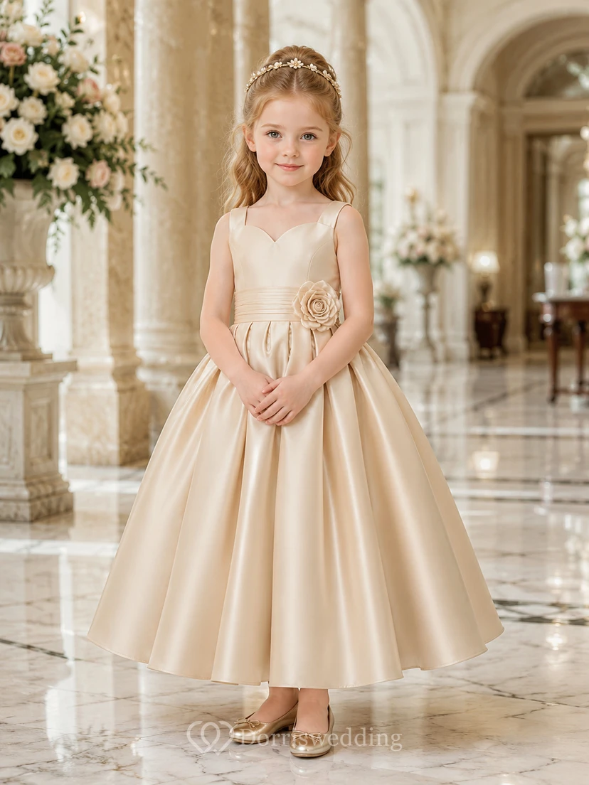 Blumenmädchenkleid aus elfenbeinfarbenem Satin, A-Linie, Rundhalsausschnitt, Teelänge, Schleifendetail