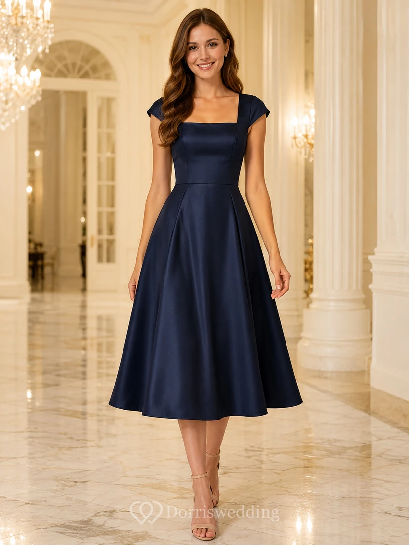 Navy Satin Square Neck Cap Sleeve Tea Length Dress