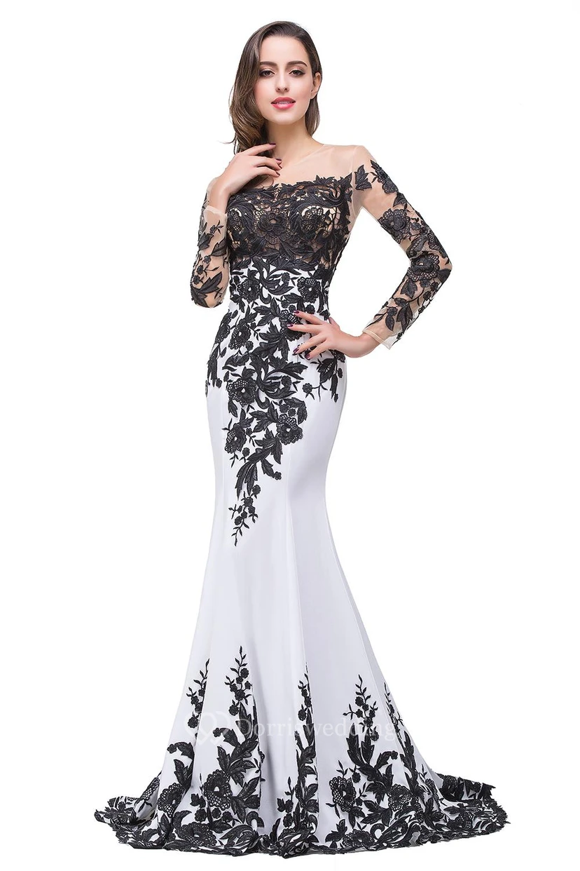 Robe de soirée sirène glamour à manches longues, ornée d'appliqués noirs, robe de mère view 3