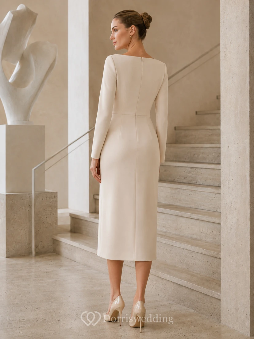 Champagne Bateau Long Sleeve Crepe Sheath Ankle Modest Formal Guest Dress view 2