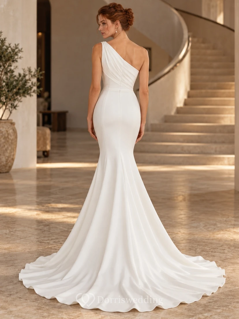Simple One-Shoulder Fitted Mermaid Plain Sweep Train Bridal Wedding Dress view 2