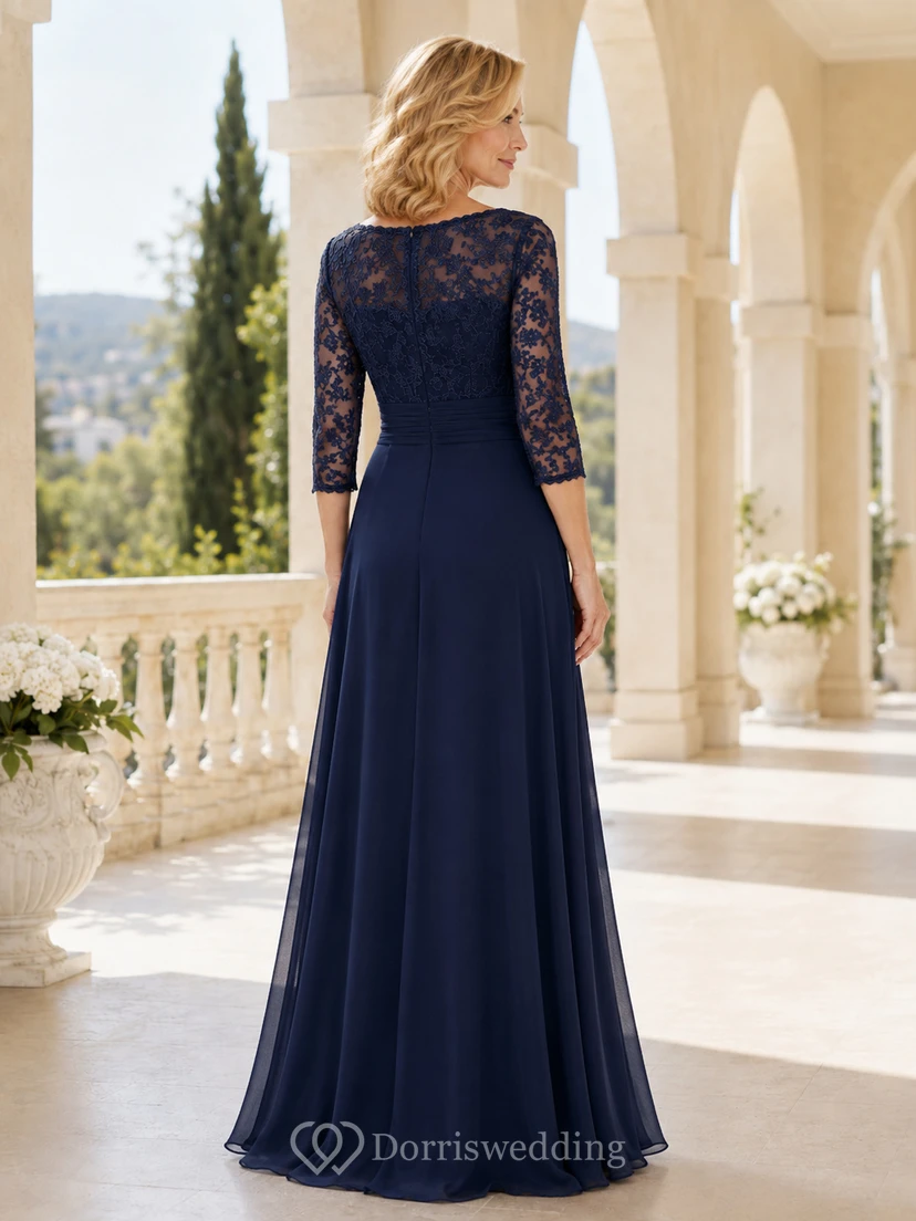 Dark Navy Floor-Length A-Line Modest Mother of the Bride Gown with Bateau Lace Bodice and Three-Quarter Illusion Sleeves view 2