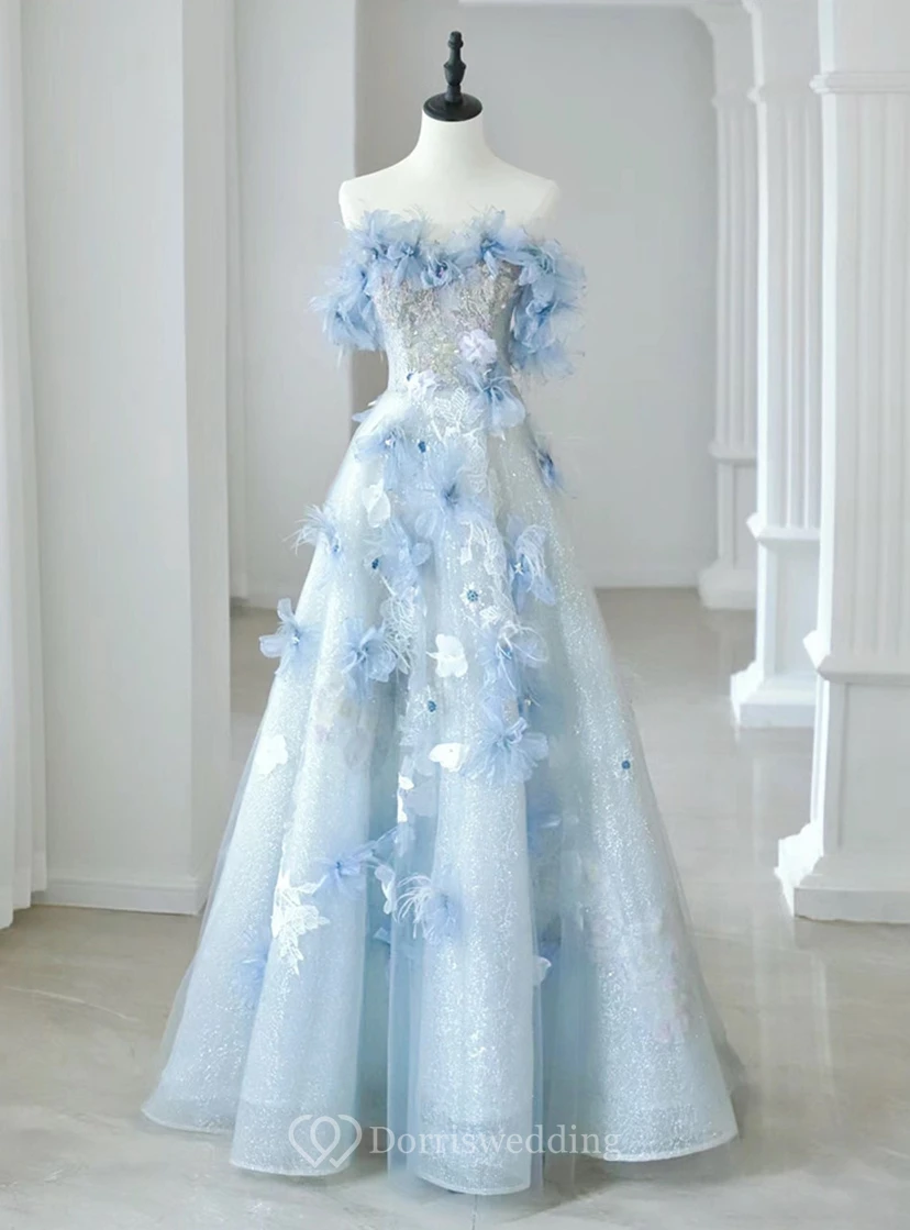 Hellblaues schulterfreies Ballkleid mit Blumenmuster view 11