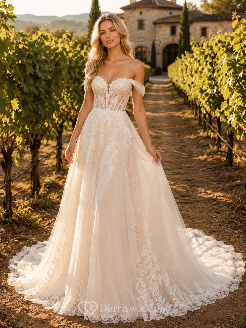 Vestido de novia de encaje campestre, corte en A, hombros descubiertos, cola larga, espalda baja en V.