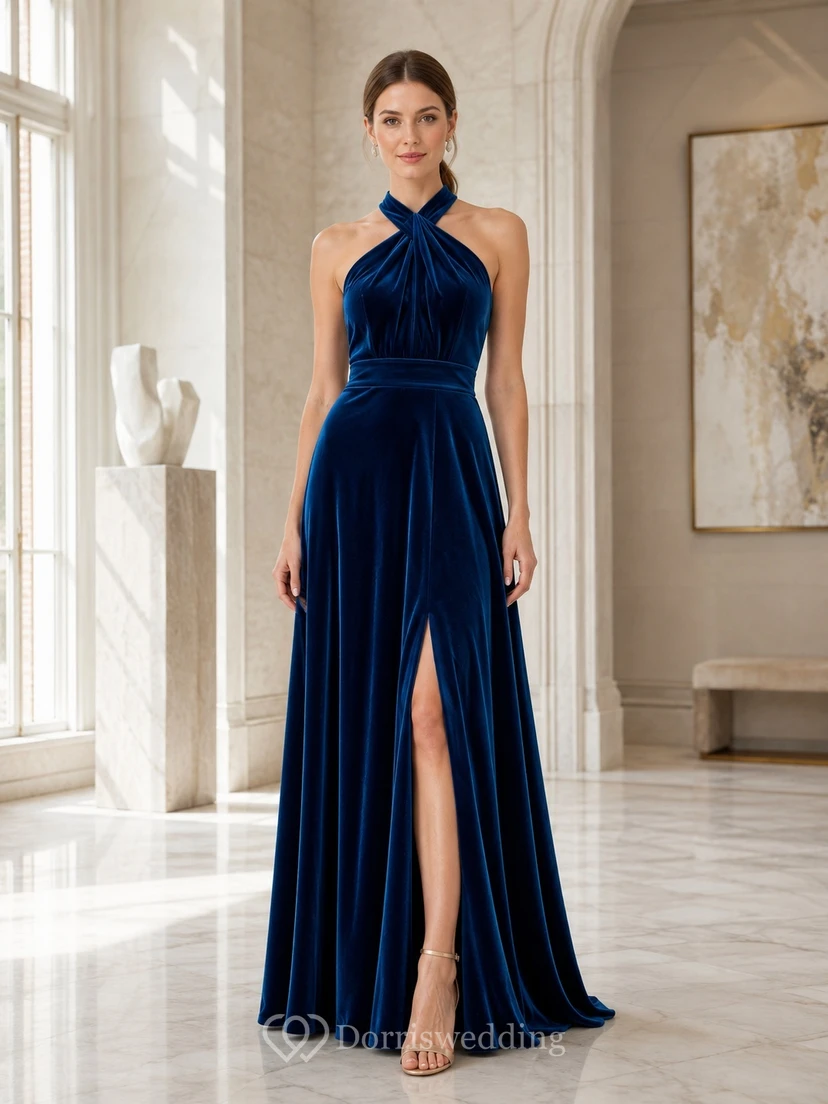 Meerjungfrauen-Tinte-Marineblaues Neckholder-Kleid aus gerafftem Samt mit offenem Rücken und Schlitz, bodenlang
