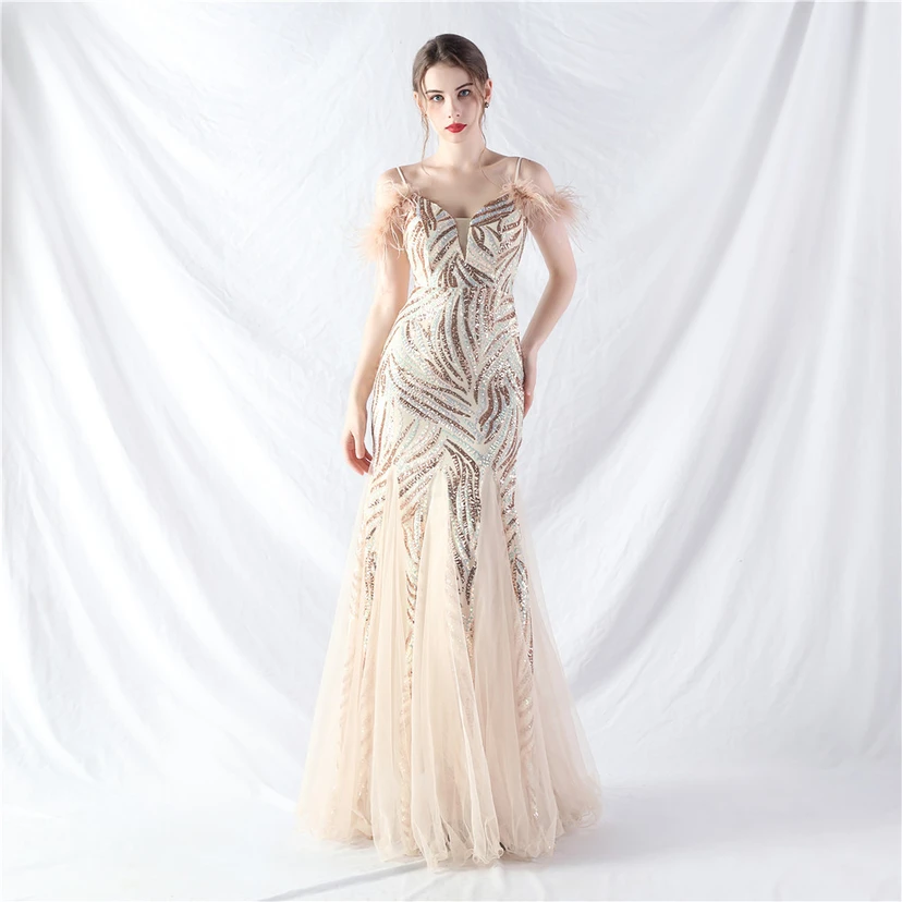 Crafted Ostrich Feather Stacked Sequins Splicing Mesh Gauze High-End Evening Dress Clothes view 54