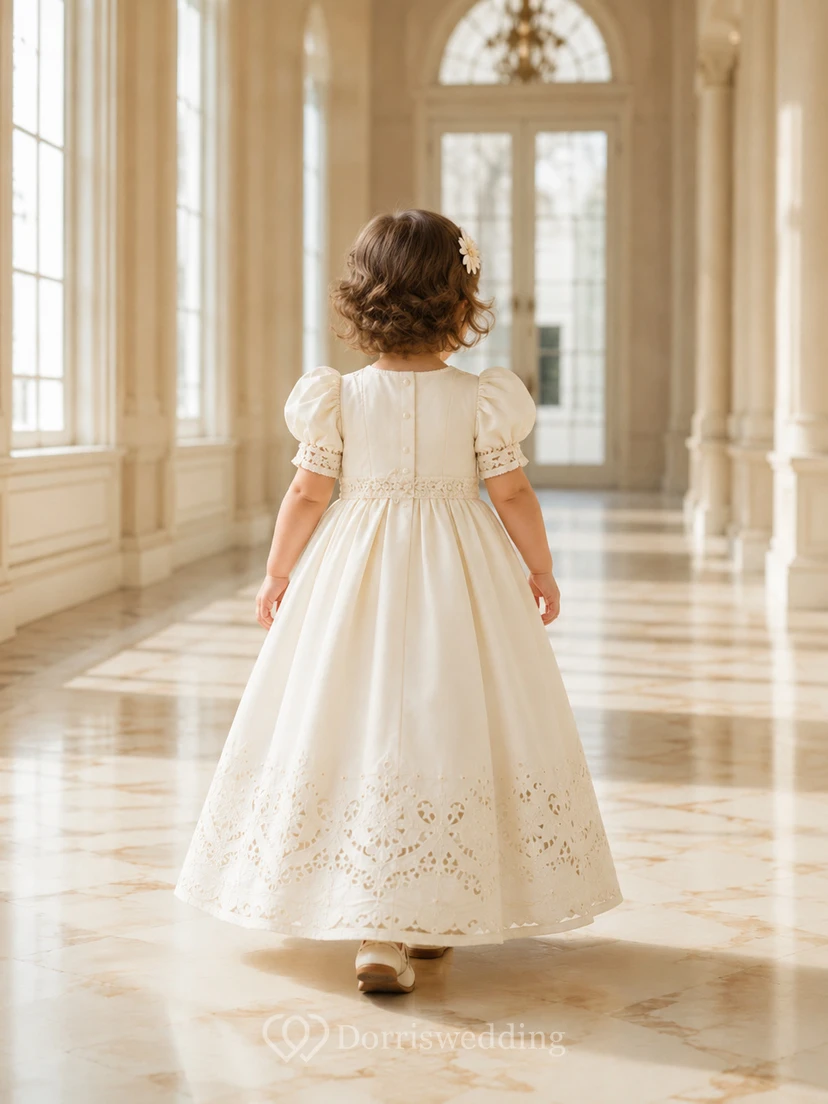 Puff Sleeve Baptism Gown A-Line Lace Satin Jewel Neck Embroidered Hem view 2