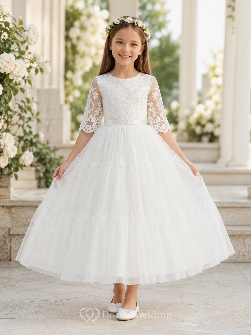 Weißes Kommunionskleid für Blumenmädchen mit Spitzen-Organza-Tüll, Rundhalsausschnitt, Dreiviertelärmeln, bestickten Ärmeln und Knöchellänge