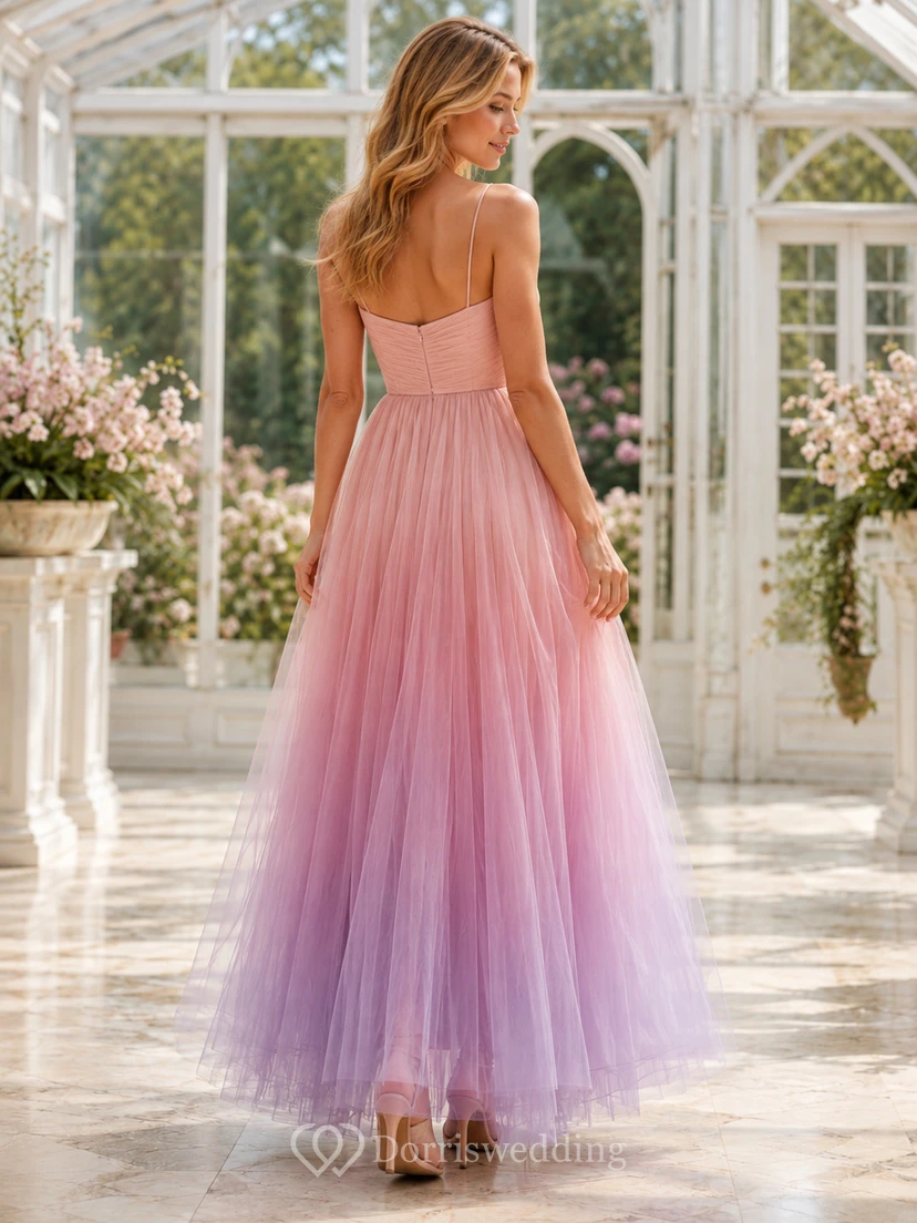 Romantisches, rosafarbenes Spaghetti-Top-Kleid mit Ombré-Tüllrock und Knöchelabschluss view 2