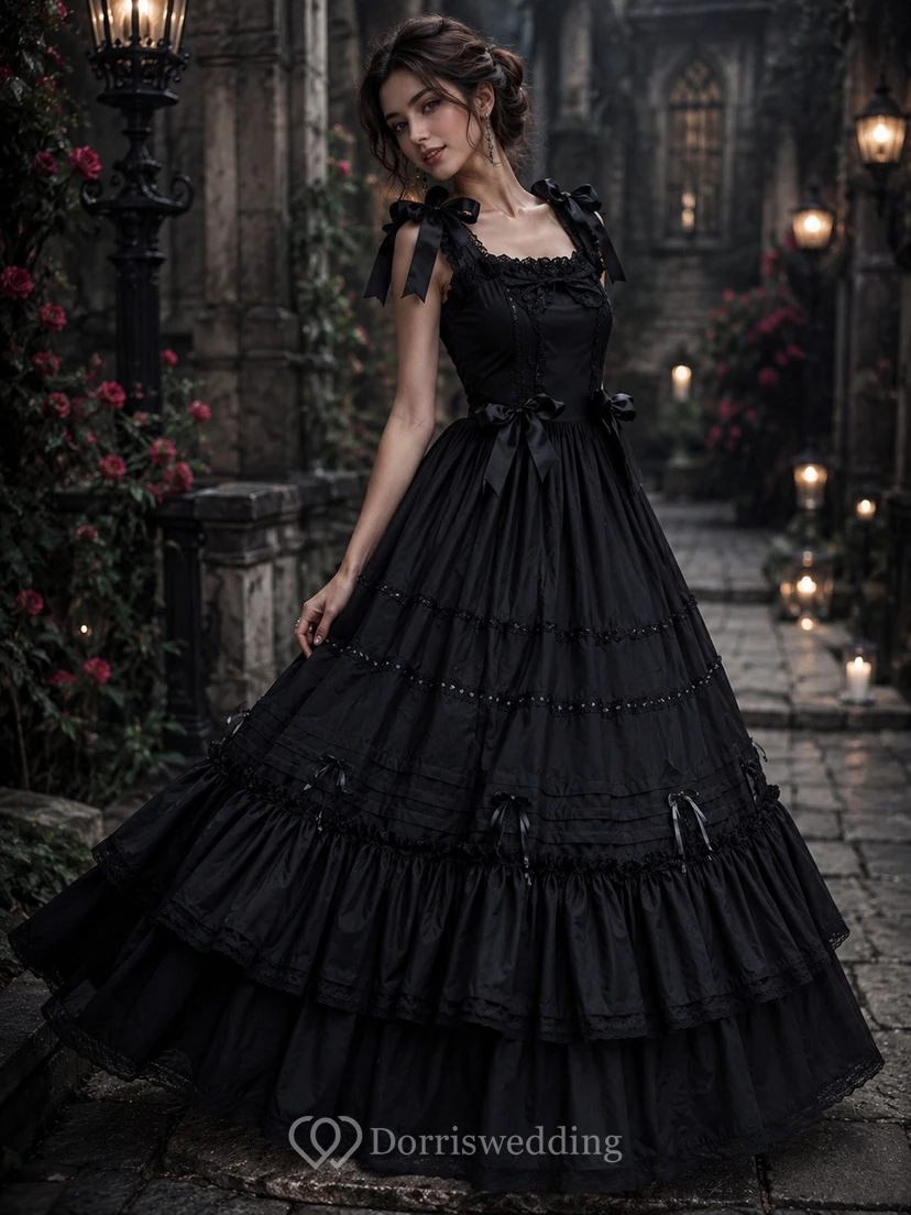 Vestido de novia de princesa, largo hasta el suelo, sin mangas, de corte cuadrado, con lazo, volantes y capas. view 3