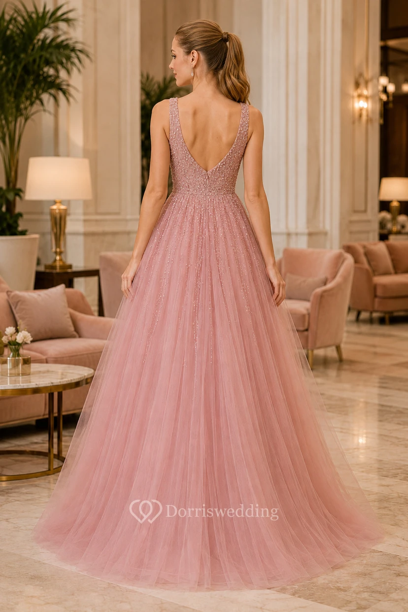 Dusty Rose Glitter Tulle A-Line Prom Gown with V-Neck Bodice view 2