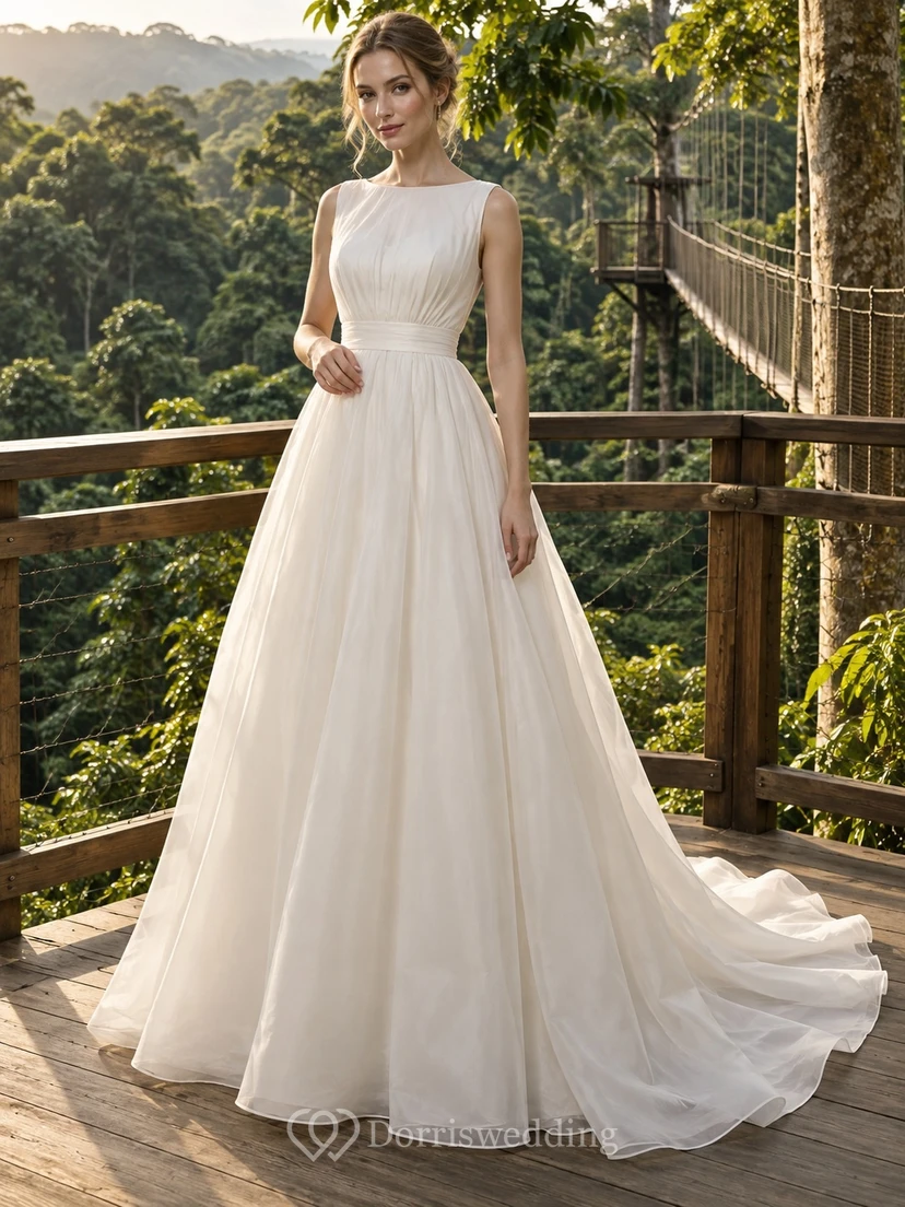 Vestido de novia sencillo, modesto, sin mangas, con escote joya, de gasa, corpiño fruncido, corte en A y cola larga.
