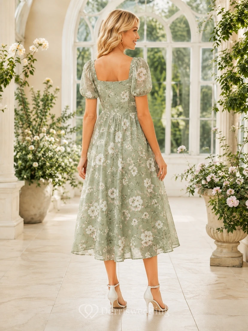 Sage Green Floral Square Neck Short Sleeve A-Line Tea-Length Garden Dress view 2