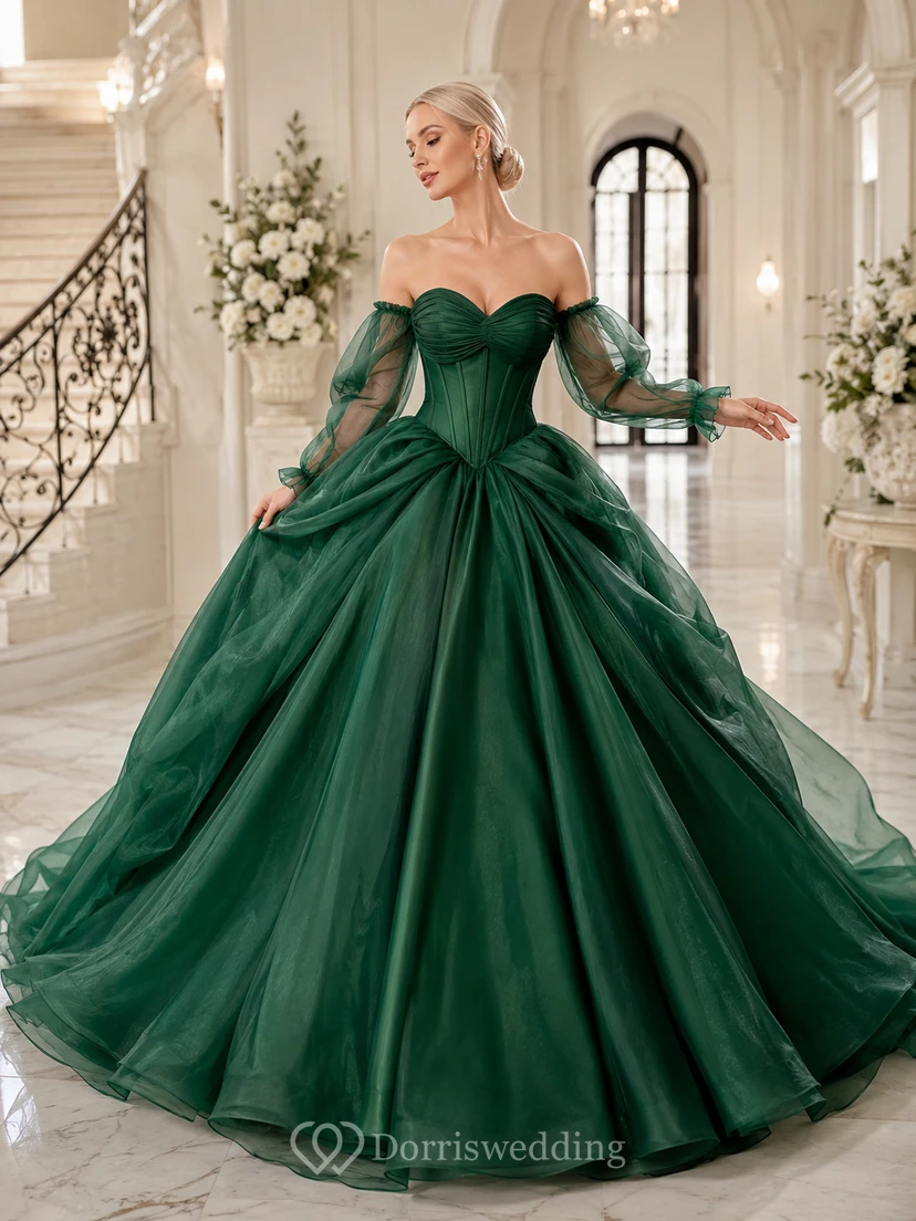 Robe de mariée en satin vert foncé à épaules dénudées et manches bouffantes, corset et robe de bal