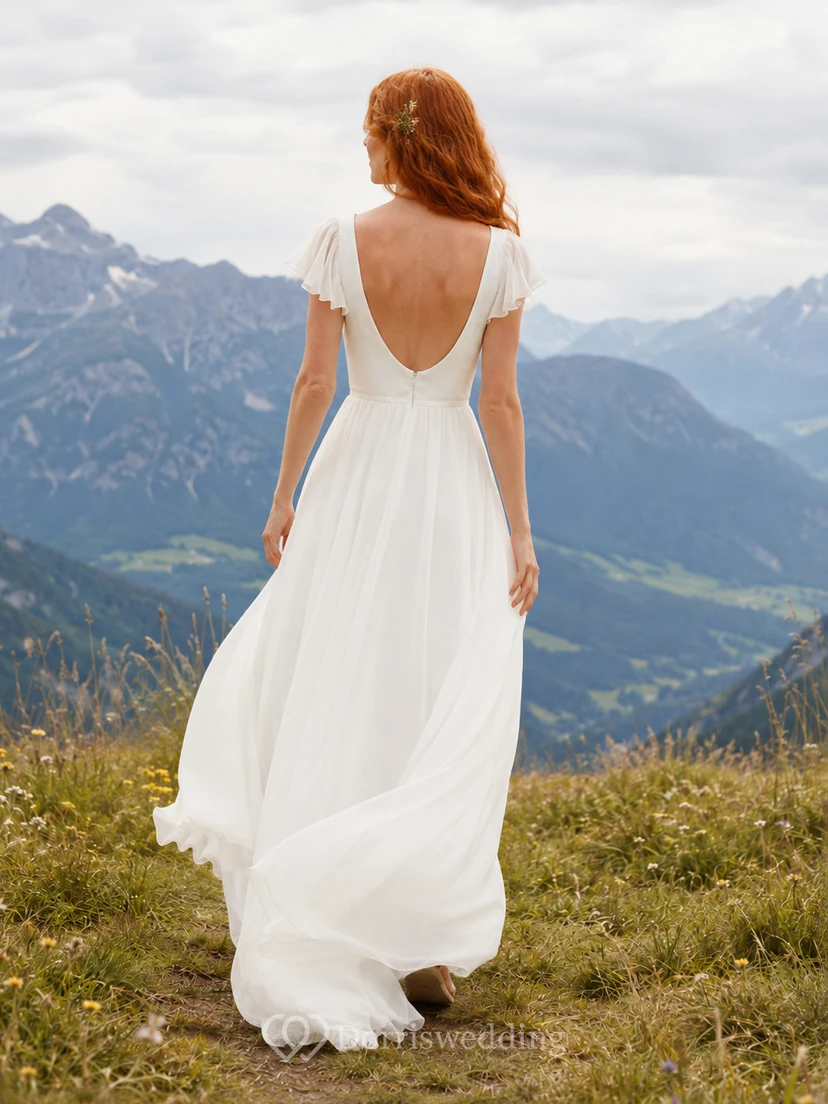 Mountain Scoop Neck Short Sleeve Chiffon Wedding Dress view 2