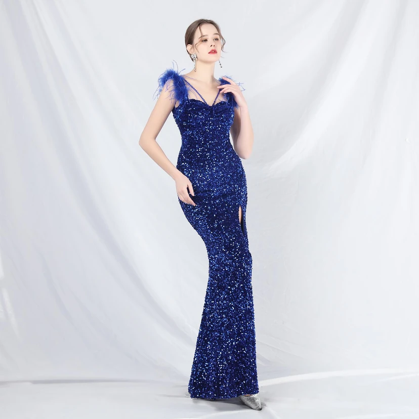 Craft Beaded Ostrich Feather Plush Sequined Long Evening Dress view 21
