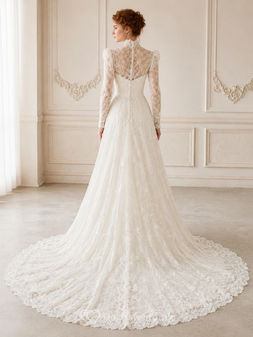 Vestido de novia blanco de encaje, corte A, manga larga, estilo vintage y modesto. view 2