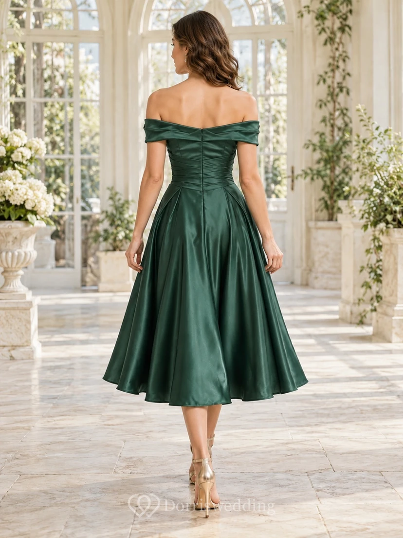Tea-length Dark Green Off Shoulder Ruched Satin Cocktail Dress view 2
