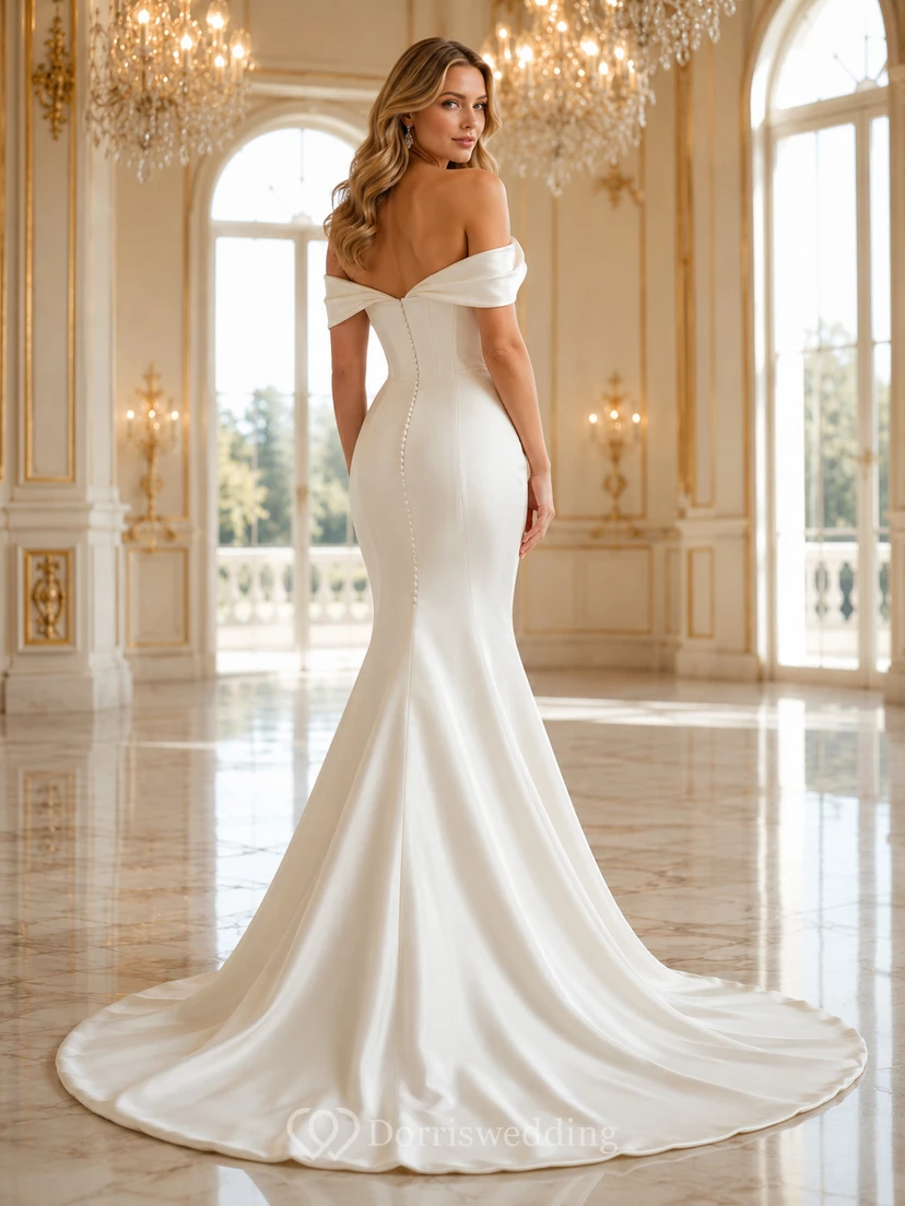 Minimalistisches Brautkleid aus Satin im Meerjungfrauenstil mit schulterfreiem Design und Schleppe view 2