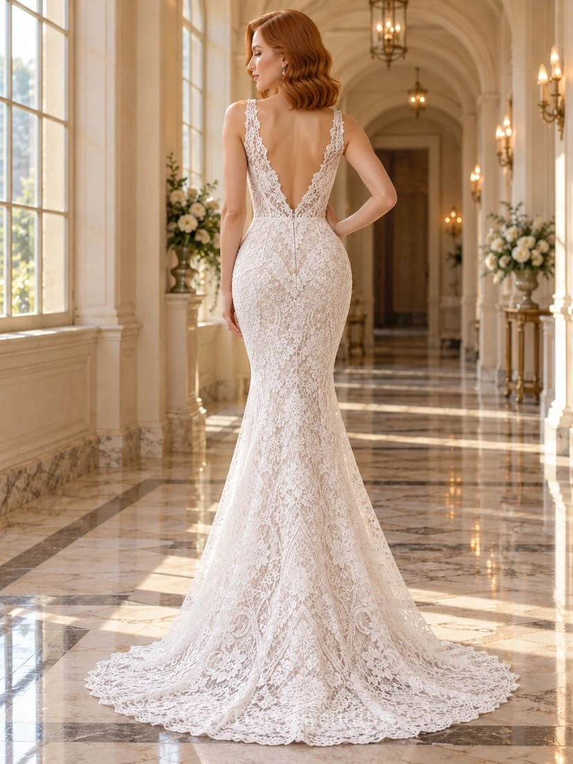 Mermaid V-neck Wide Strap Geometric Lace Bridal Wedding Dress view 2