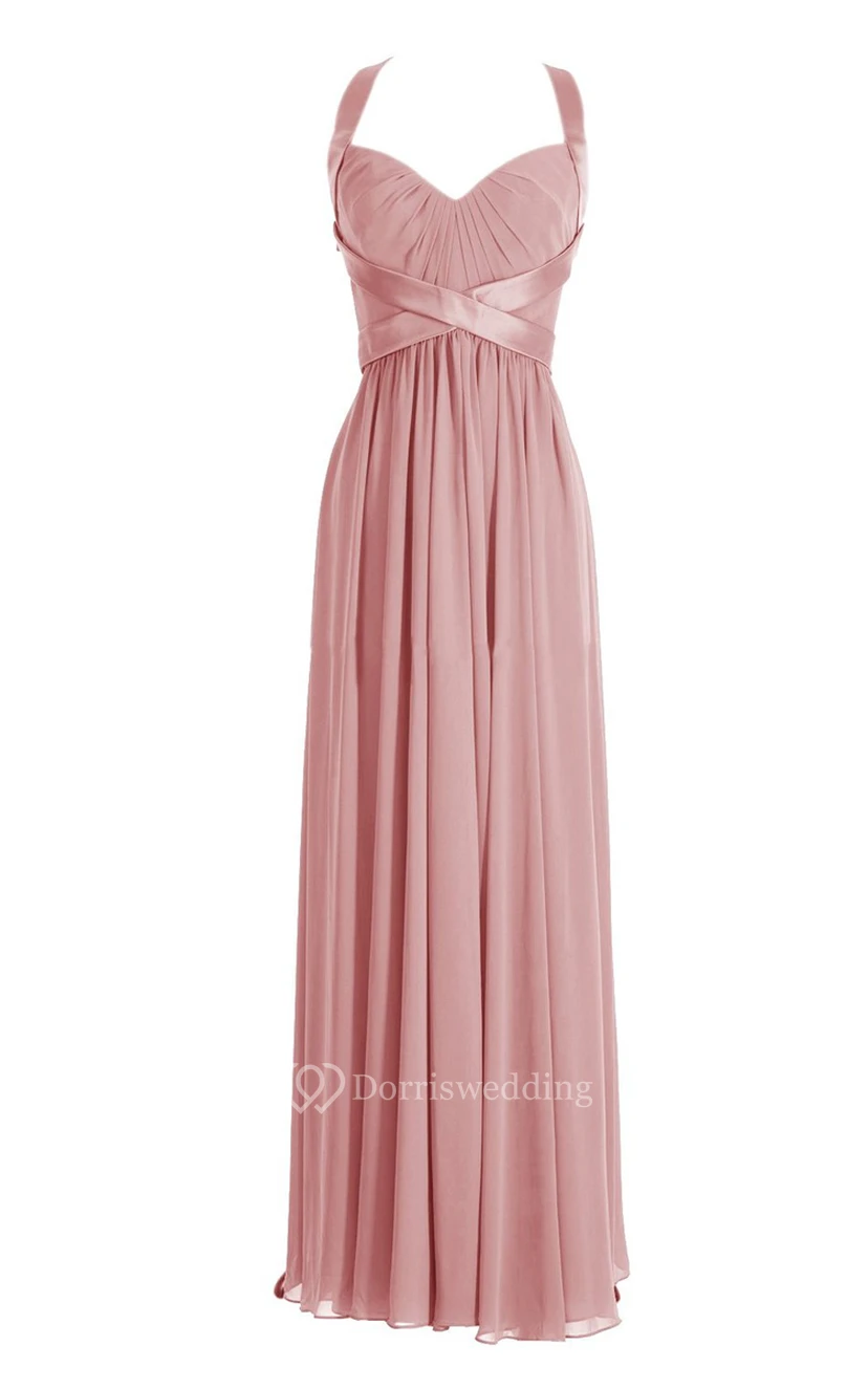 Halter Pleated Chiffon A-line Gown With Deep-v Back view 10