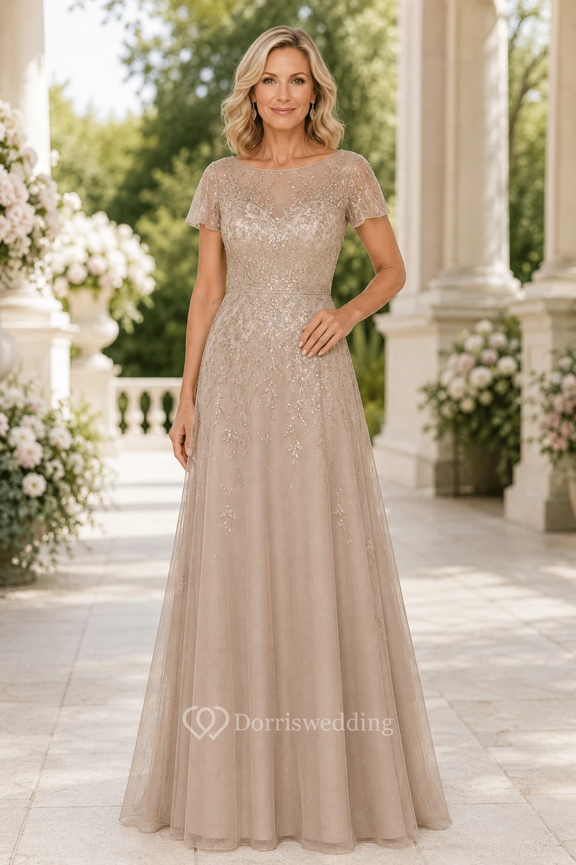 Champagnerfarbenes Tüll-A-Linien-Kleid für die Mutter mit perlenbesetztem Oberteil