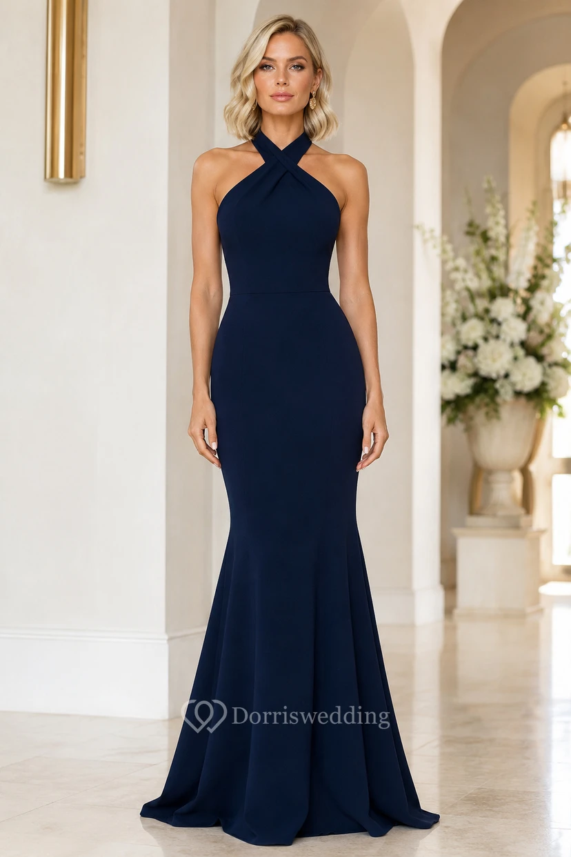 Dark Navy Halter Mermaid Formal Dress