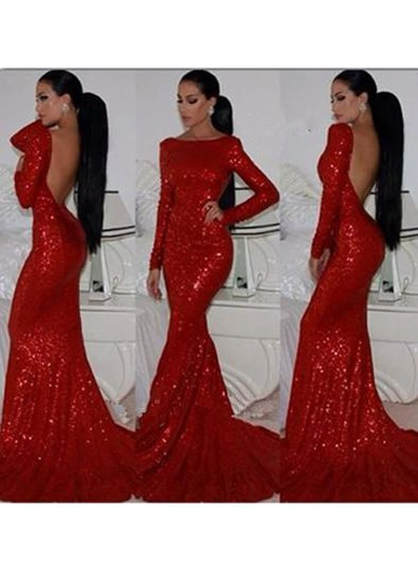 Sexy Red Mermaid Prom Dresses Long Sleeves High Neck Sparkly Evening Gowns With Sequined