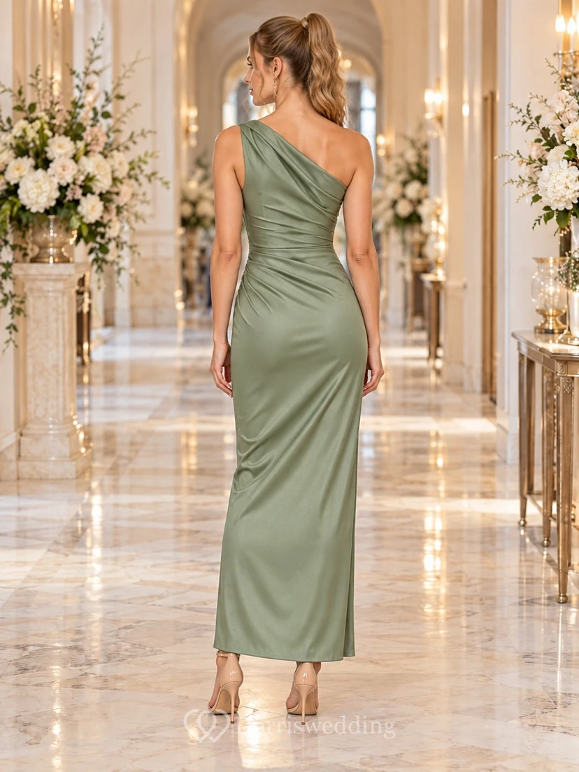 Sage One Shoulder Satin Ruched Waist Fitted Wedding Guest Dress view 2