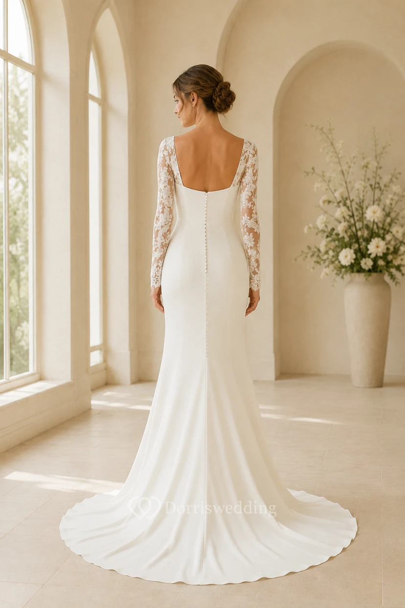 Elegantes Brautkleid aus Satin mit eckigem Ausschnitt und langen Spitzenärmeln view 2