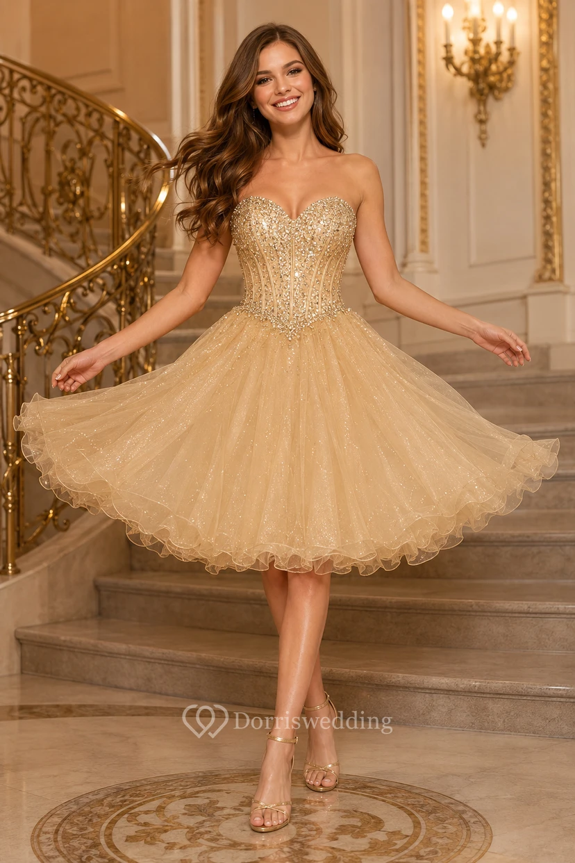 Champagne Strapless Short Tulle Dress with Dense Beaded Bodice