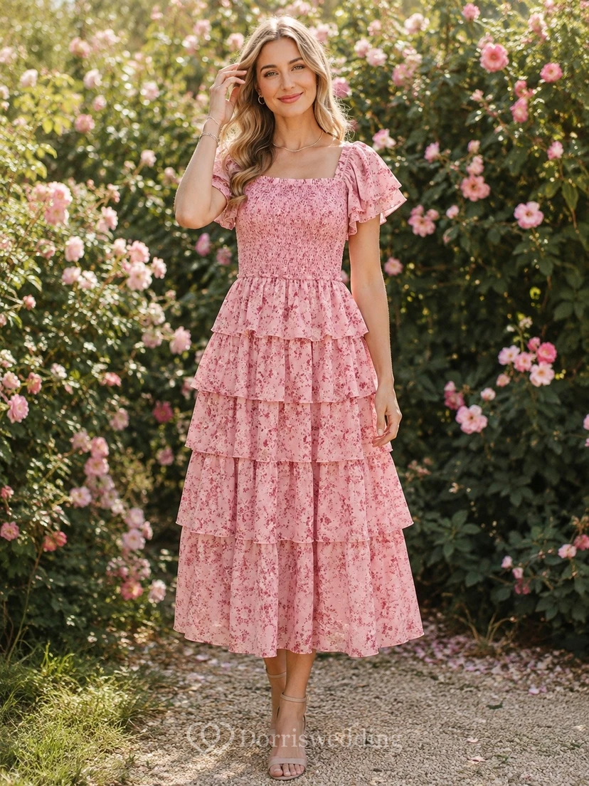 Floral Dusty Rose Square Neck Short Sleeve Tiered Chiffon Dress
