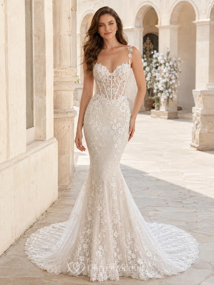 Robe de mariée sirène luxueuse en dentelle, décolleté en V profond, sans manches, traîne chapelle, applications florales, style jardin.