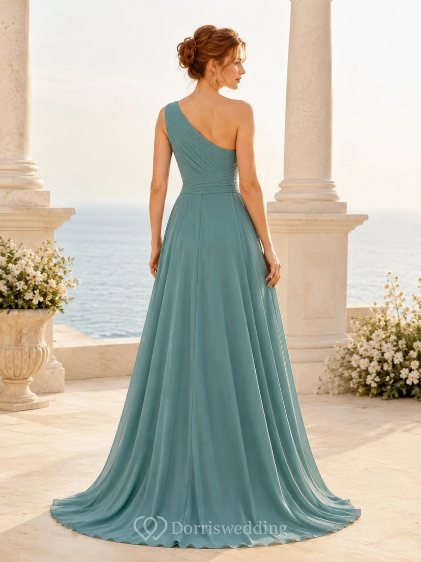 Modernes, bodenlanges Brautkleid aus türkisfarbenem Chiffon mit One-Shoulder-Ausschnitt und Drapierung view 2
