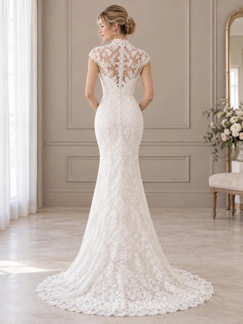 Sheath High Neck Cap Sleeve Scalloped Lace Wedding Dress view 2