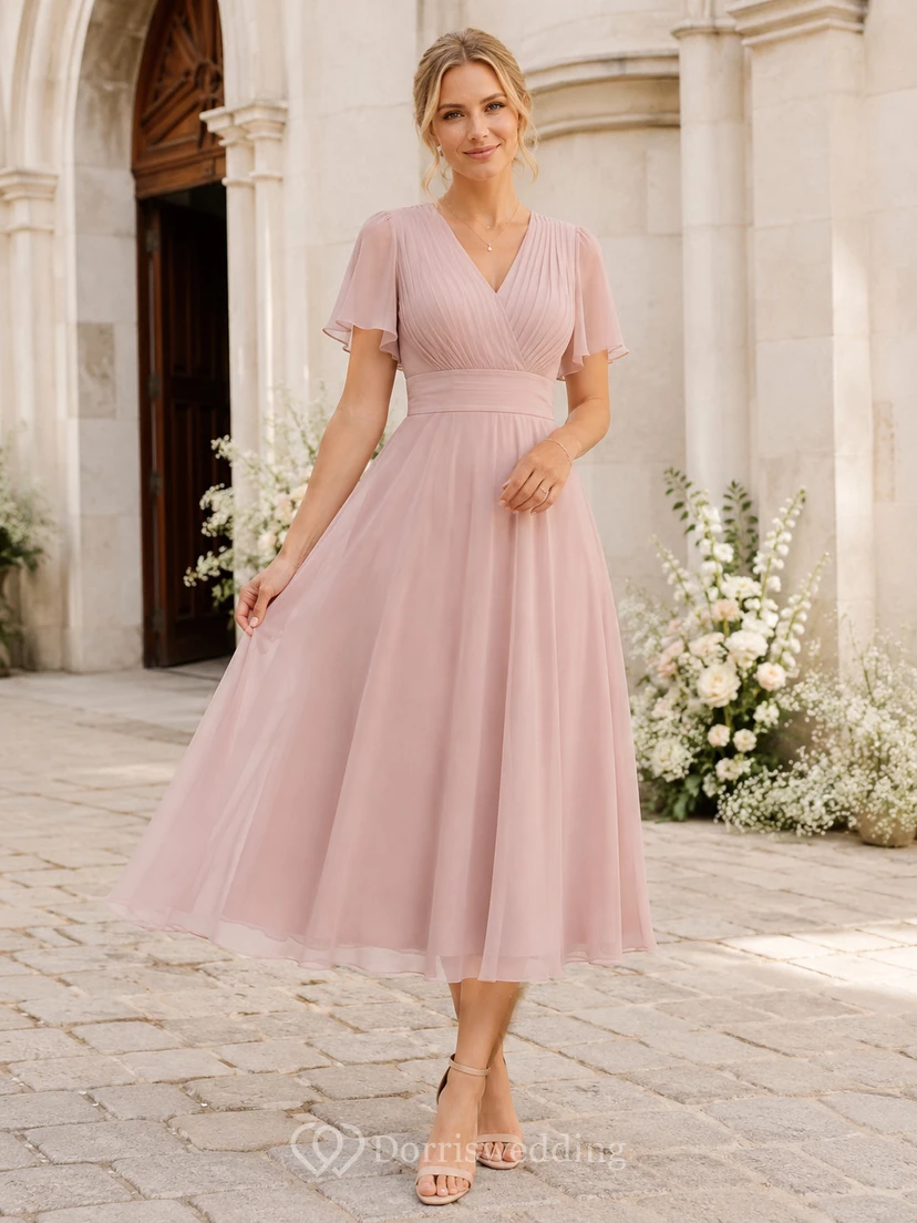 Vestido de madre de gasa plisada de corte A, largo hasta la rodilla, con escote en V y mangas cortas con volantes, color rosa empolvado.