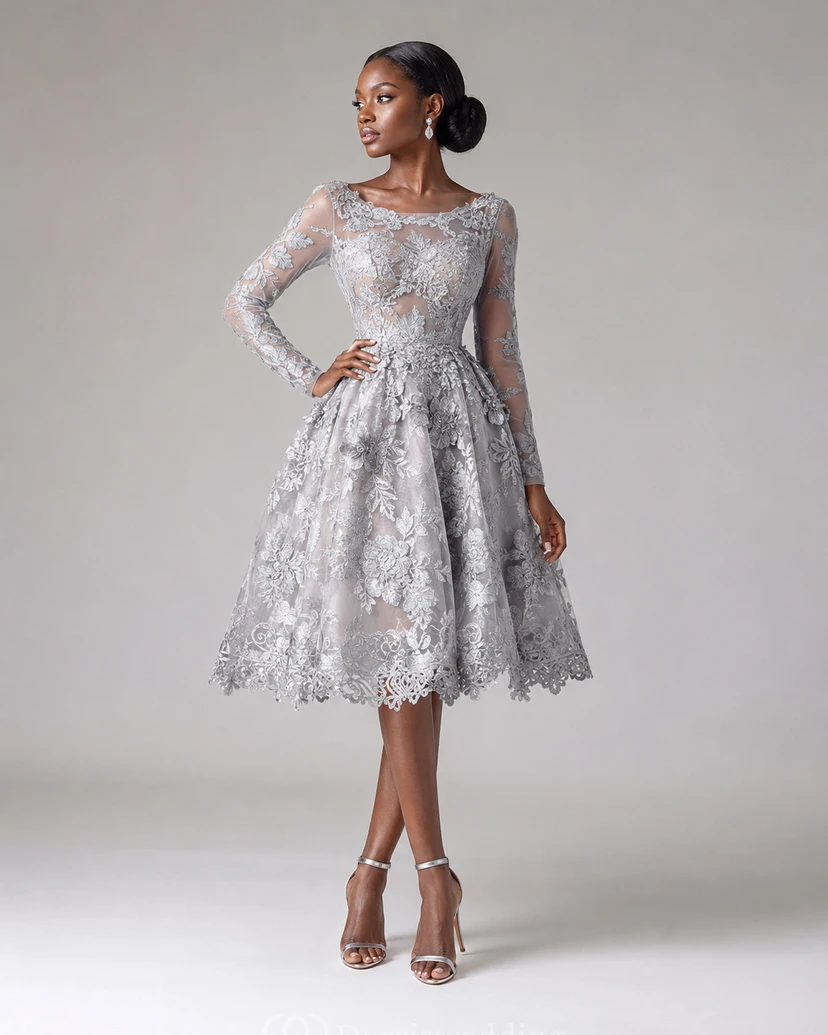 Zartes, ruyalblaues Applikations-Abendkleid mit langen Ärmeln view 12