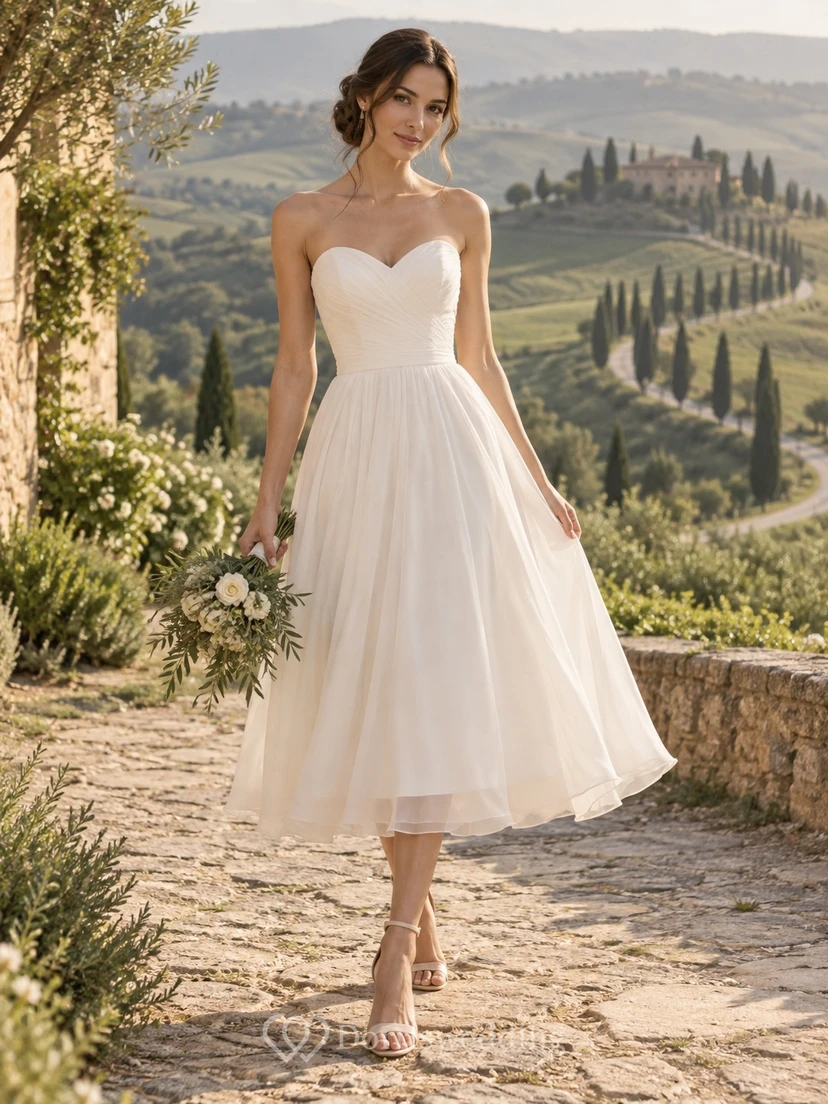 Vestido de novia sencillo, sin tirantes, de gasa y satén, de corte A, largo hasta la rodilla.