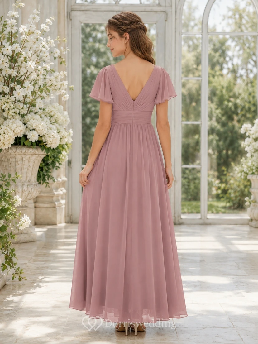 Romantisches Vintage-Brautjungfernkleid in Mauve für junge Damen, A-Linie, V-Ausschnitt, kurze Ärmel view 2
