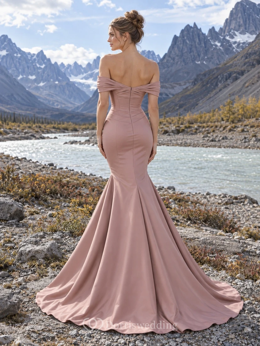 Dusty Rose Off-the-Shoulder Matte Satin Mermaid Wedding Dress with Draped Bodice and Sweep Train view 2