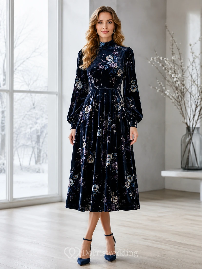 Vestido midi de corte A con cuello alto y mangas largas de terciopelo azul marino con estampado floral