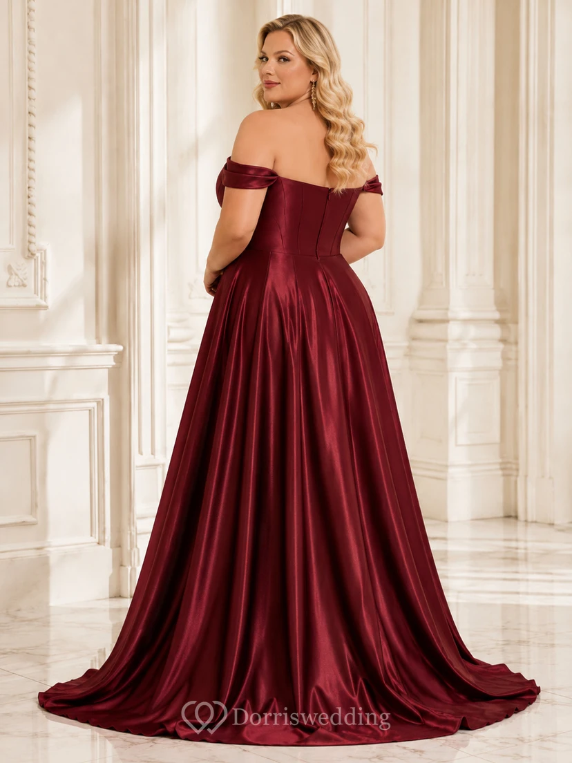 Burgundy Plus Size Off Shoulder Satin A-Line Front Slit Formal Gown view 2